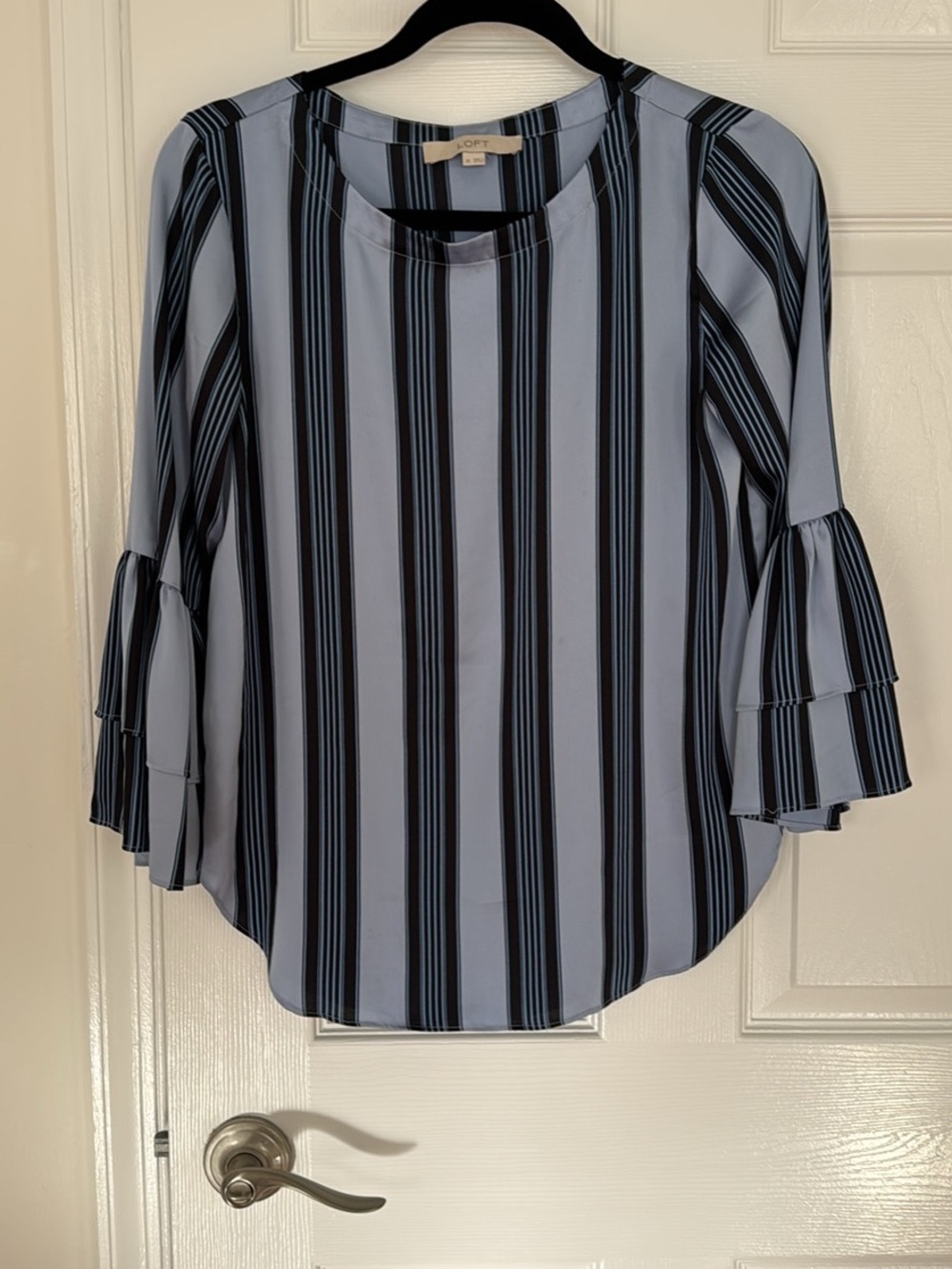 LOFT Light Blue and Black Striped Ruffle Sleeve Blouse
